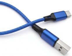 Кабель USB Type-C 0.25м (25 см) для повербанка, синий короткий усиленный нейлоновый шнур для зарядки